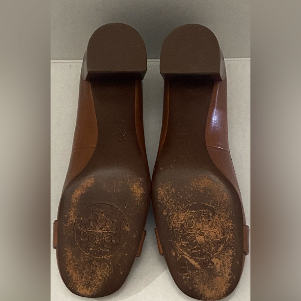 Tory Burch Brown Leather Ballet Heels with Gold Logo Hardware - Picture 12 of 16